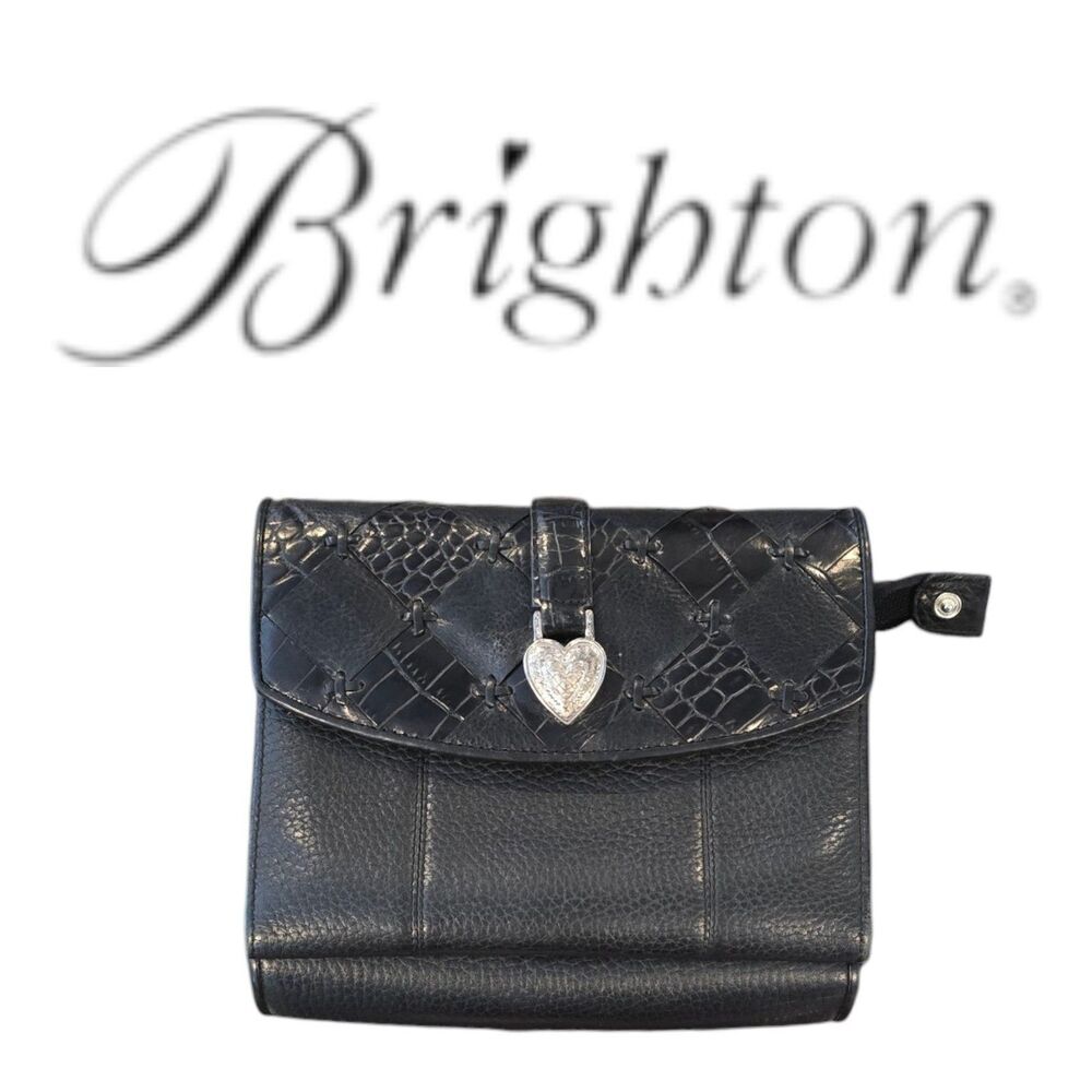 Brighton Romag Black Leather Wallet Organizer Clutch Heart Snap Vintage